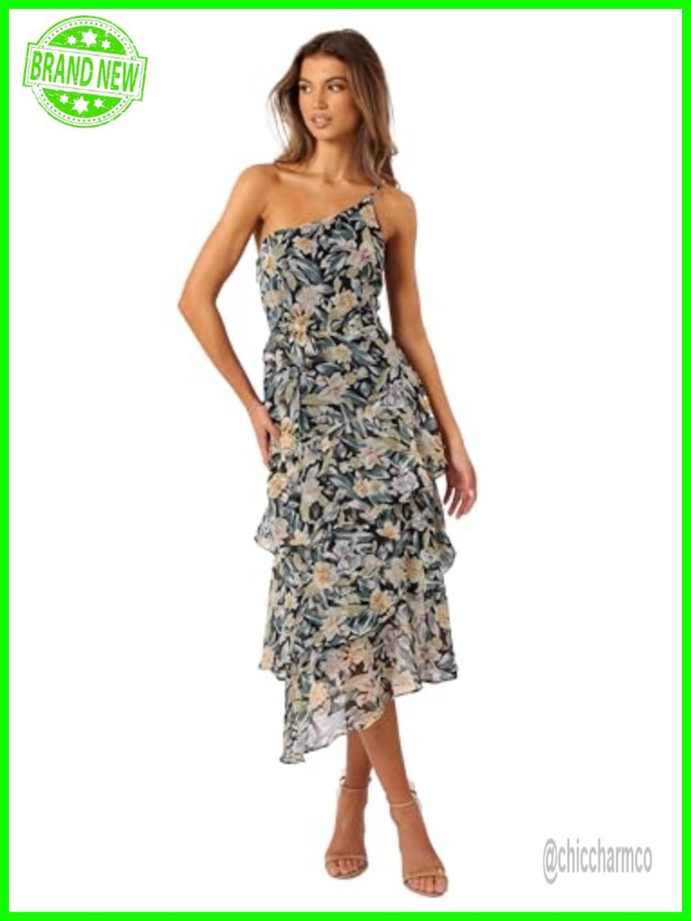 One Shoulder Floral Midi Dress Ruffle High Low Formal Wedding Guest